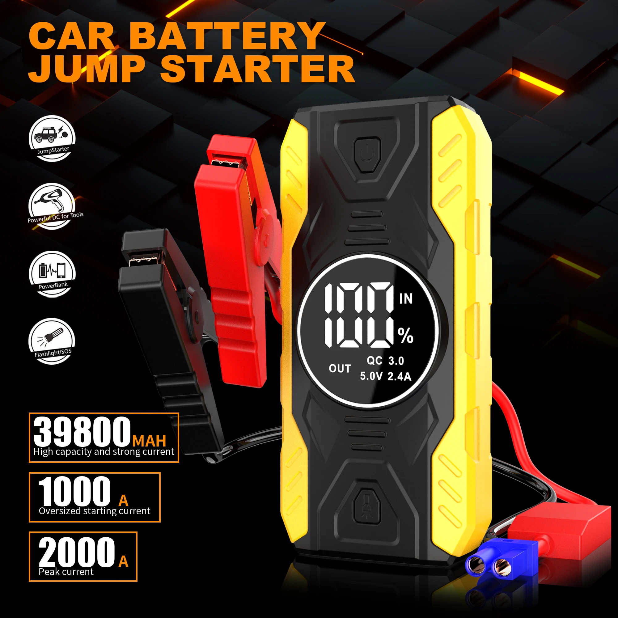 Car Jump Starter 2000A, 12V Emergency Jump Starter Battery Pack for Up to 6L Gas/4L Diesel Engine, Portable Battery Booster