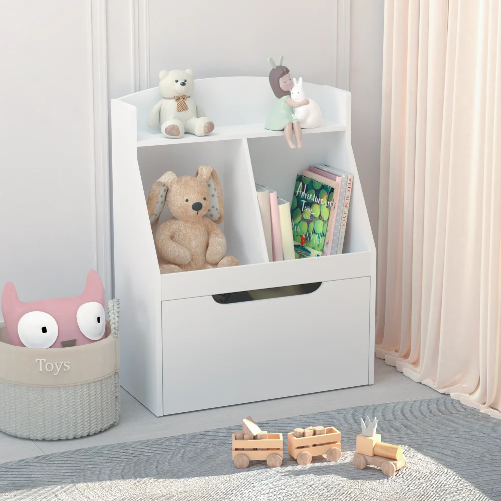 Kids Bookshelf with Drawer and Wheels, Children's Book Display,  Wooden Bookcase, Toy Storage Cabinet Organizer, White 3
