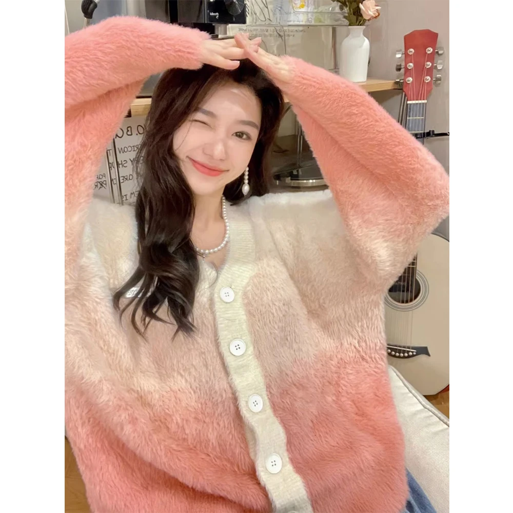 

Elegant Women Mink Hair Sweaters Gradient Pink Long Sleeve One Breasted Loose Casual Knitted Coat Female Daily Cardigans Outfits