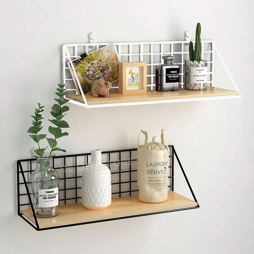 Wall Mounted Shelves Without Drilling Wood Hanging Shelf For Living Room Bedroom Storage Basket Wall Decoration Rack Organizers 2