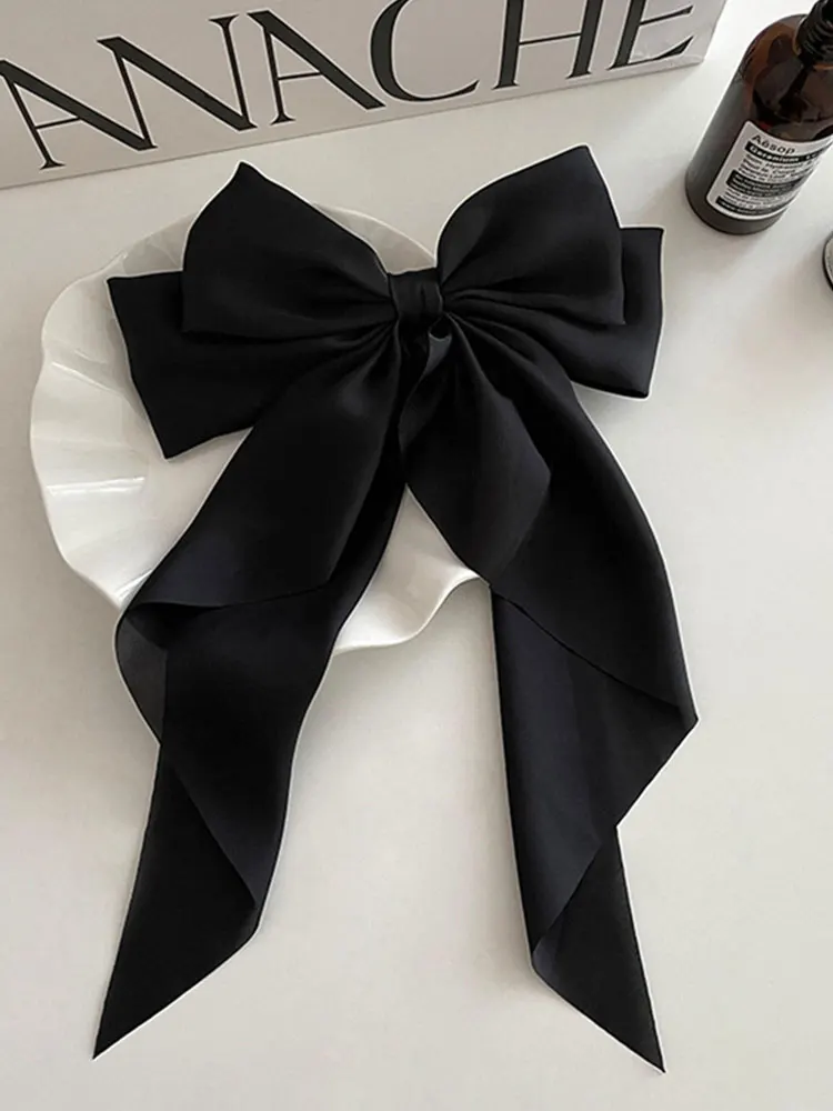 Elegant Bow Ribbon Hair Clip Fashion Simple Solid Satin Spring Clip Hair Pin Retro Headband with Clips Girls Hair Accessories