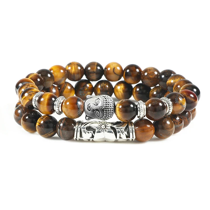 Stone Bead Bracelet 2pcs/set Buddha Head Natural Tiger Eye Lava Stone for Women Men