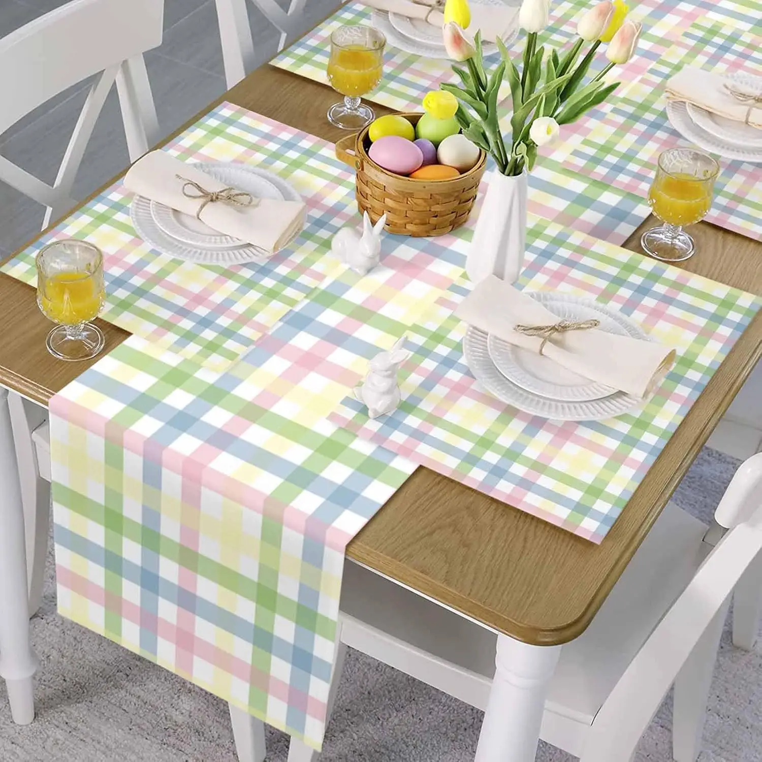 Easter Colorful Stripes Plaid Checkered Linen Table Runner Dresser Scarf Reusable Kitchen Dining Table Runner Easter Decorations 4