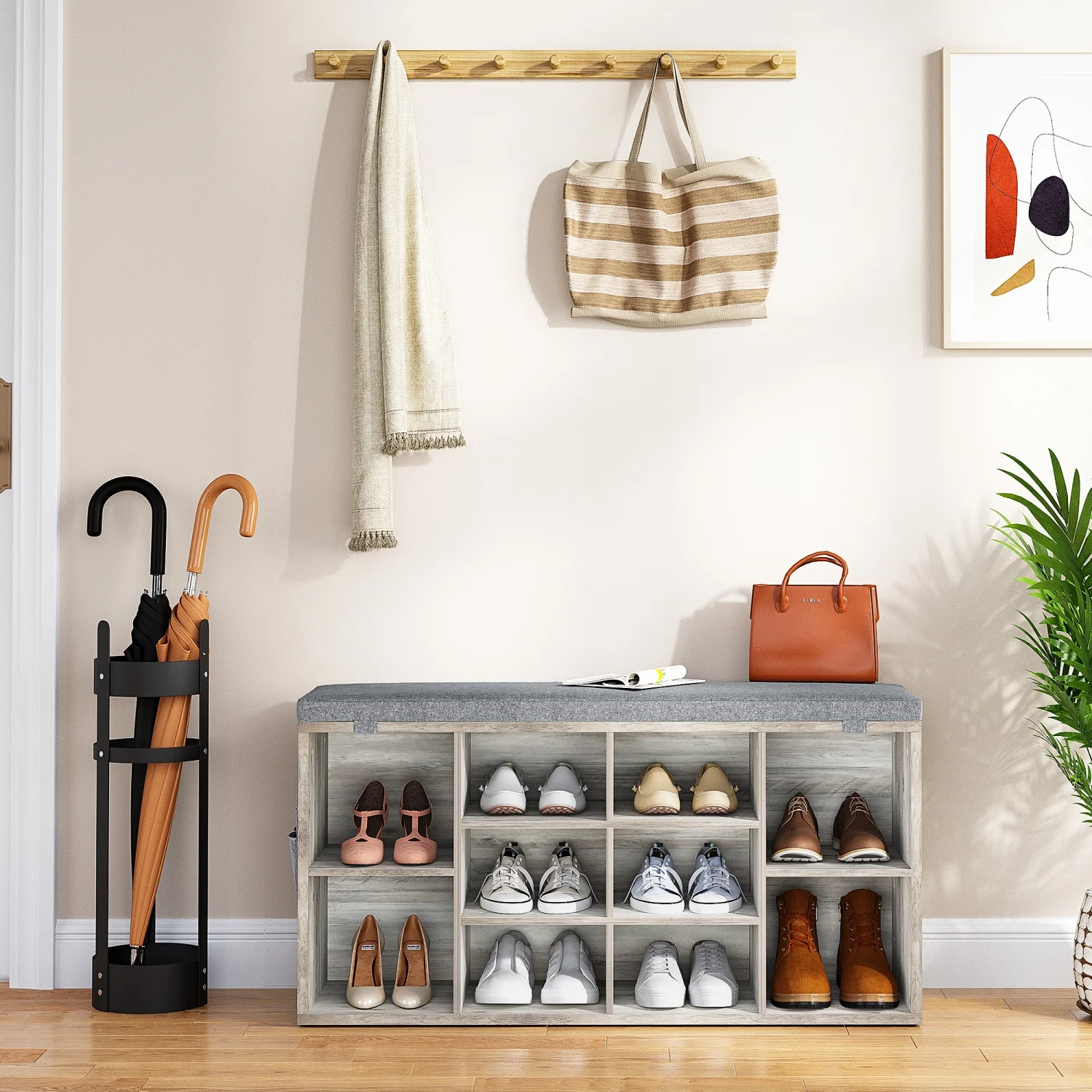 Schuhbank mit Kissen, Schuhaufbewahrungsbank mit 10 Fächern und verstellbaren Regalen, Eingangsbank für Schlafzimmer und Wohnzimmer – Detail 16