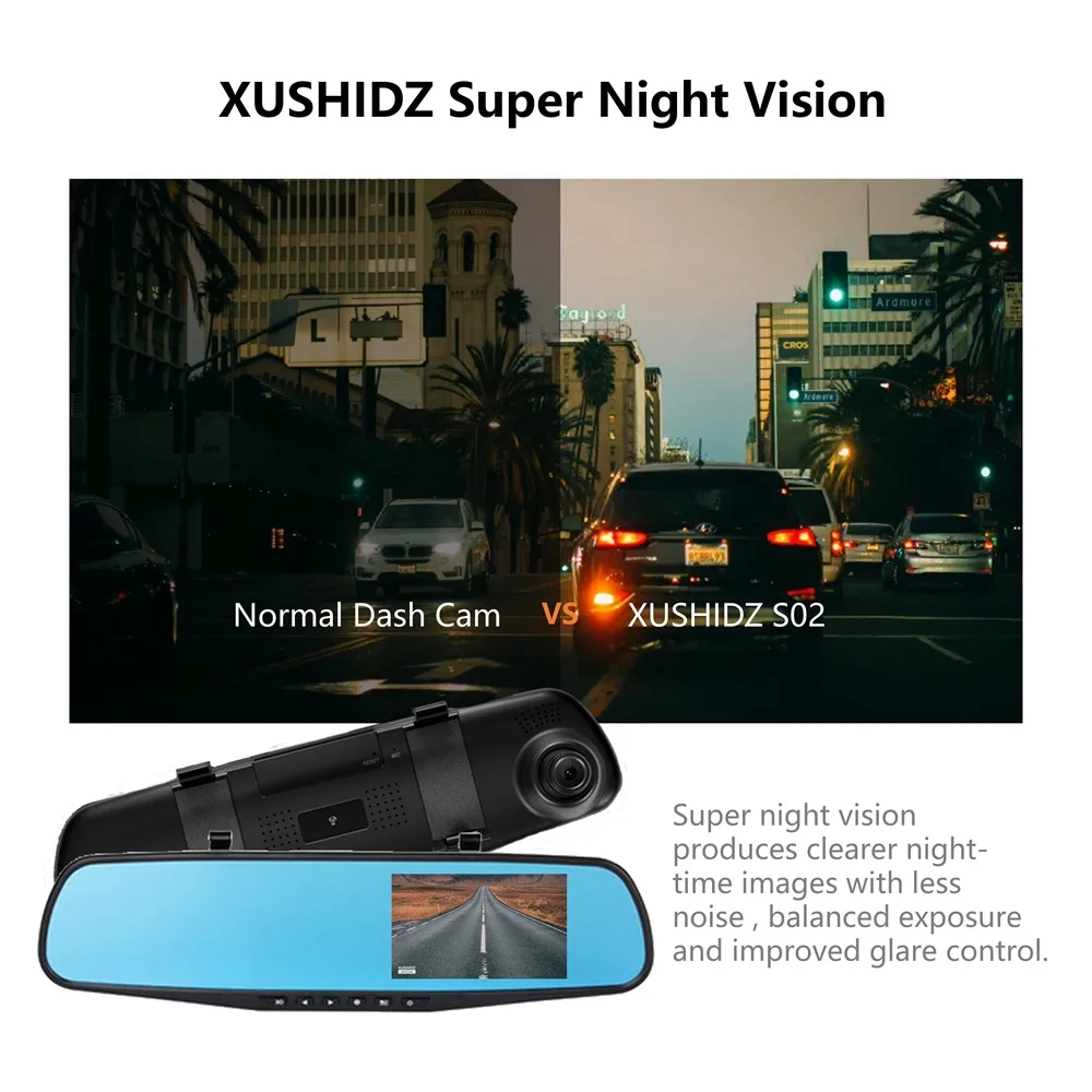 XUSHIDZ S02 1080P 미러 대시 카메라, 야간 투시경 차량 DVR 비디오 운전 녹음기, 백미러 대시 캠, 다국어