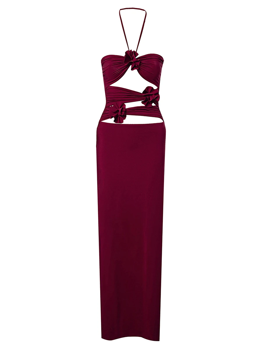 

Women Y2k Strapless Off Shoulder Tube Long Dress 3D Floral Irregular Ruffle Hem Bodycon Skinny Hollow Backless Party