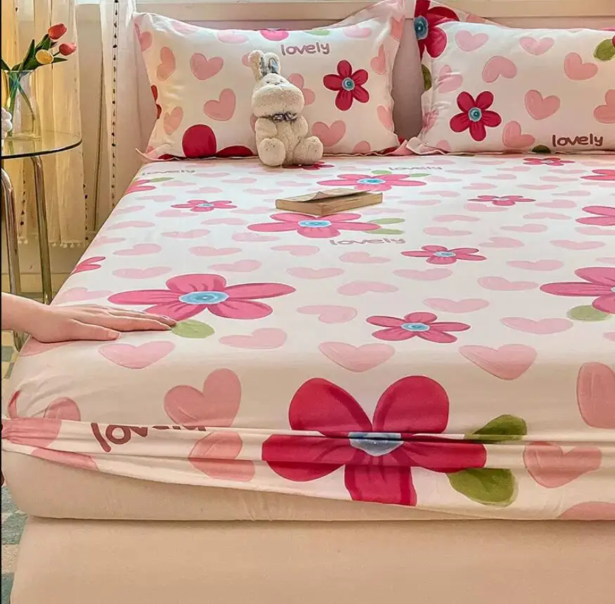 100% Cotton Bed Fitted Sheet With Elastic +2pc Pillowcases Flower Aerospace Bed Sheet Single Full Queen King Cal-King Size B82A 4