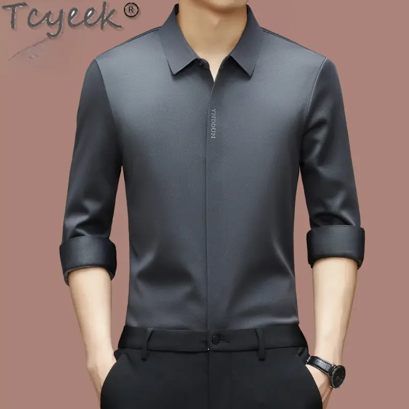 

Tcyeek Shirt for Men Silkworm Silk Long Sleeve Shirt Velvet Thick Solid Color Middle-aged Business Casual Warm Shirts Camisa Cjk