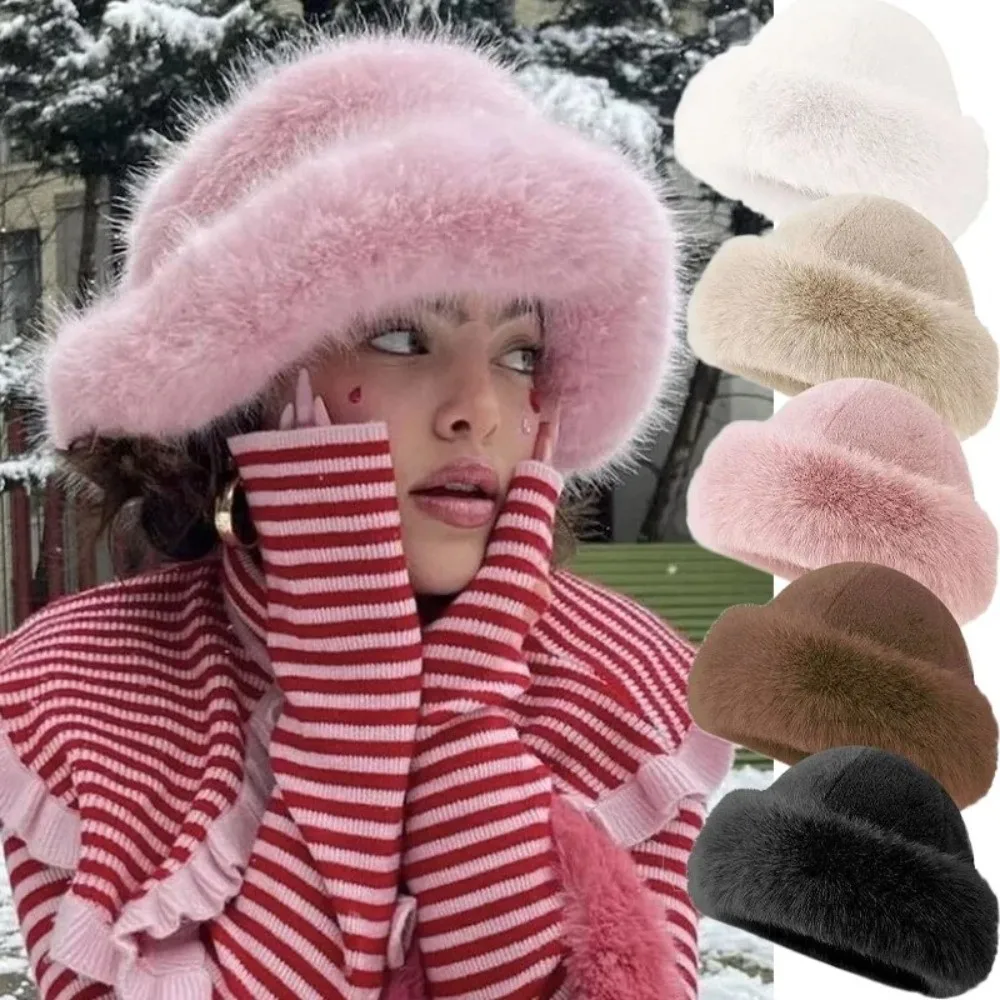 Fashion Headwear Fluffy Fur Winter Hat Solid Color Bucket Hat Cold Windproof Thicken Panama Cap for Women Girls