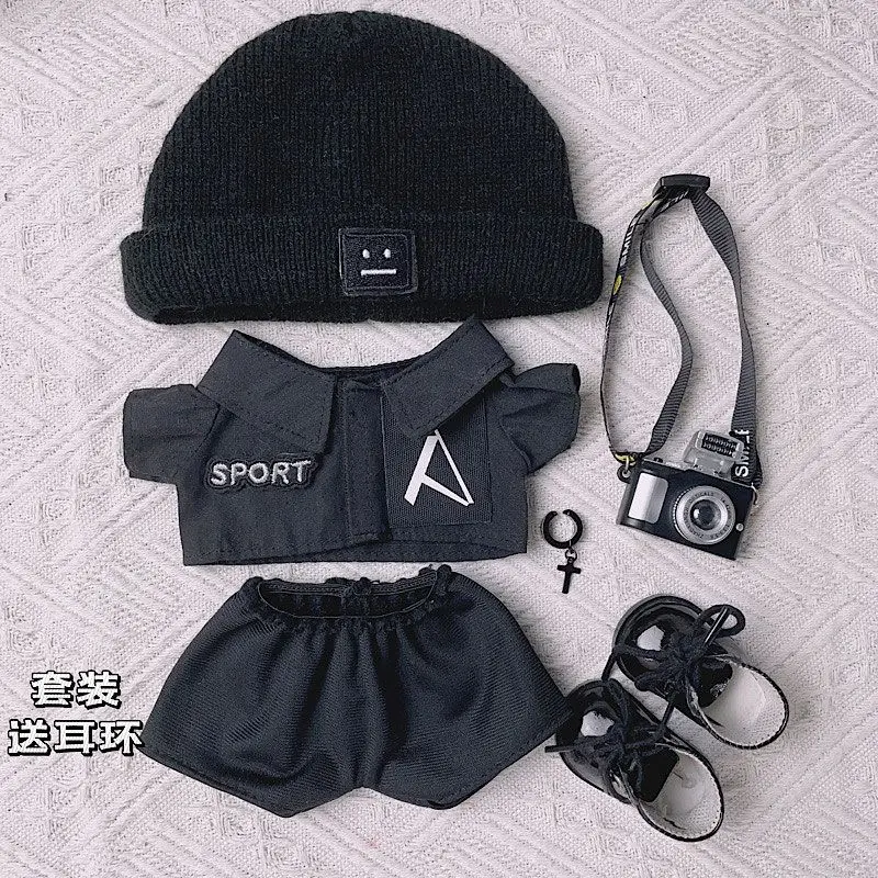 20cm Cotton Baby Clothes Accessories Black Sweater Grey Scarf Suit Cool Handsome Black Hat Doll Clothing Chubby Body Can Wear