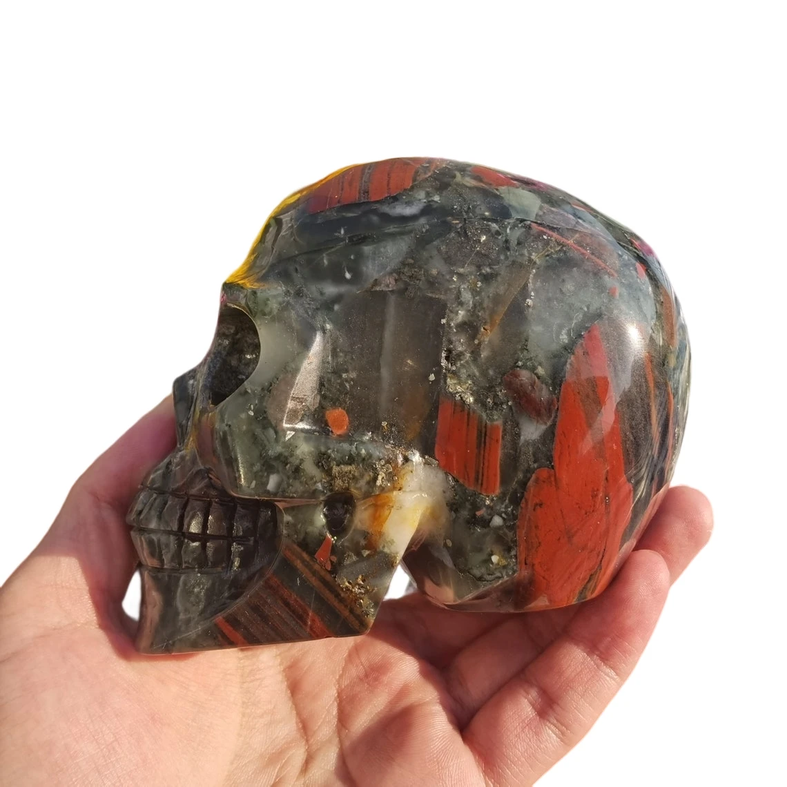 

Large Size Natural African Blood Stone Quartz Skull Hand Carved Crystal Healing Crafts Home Decoration