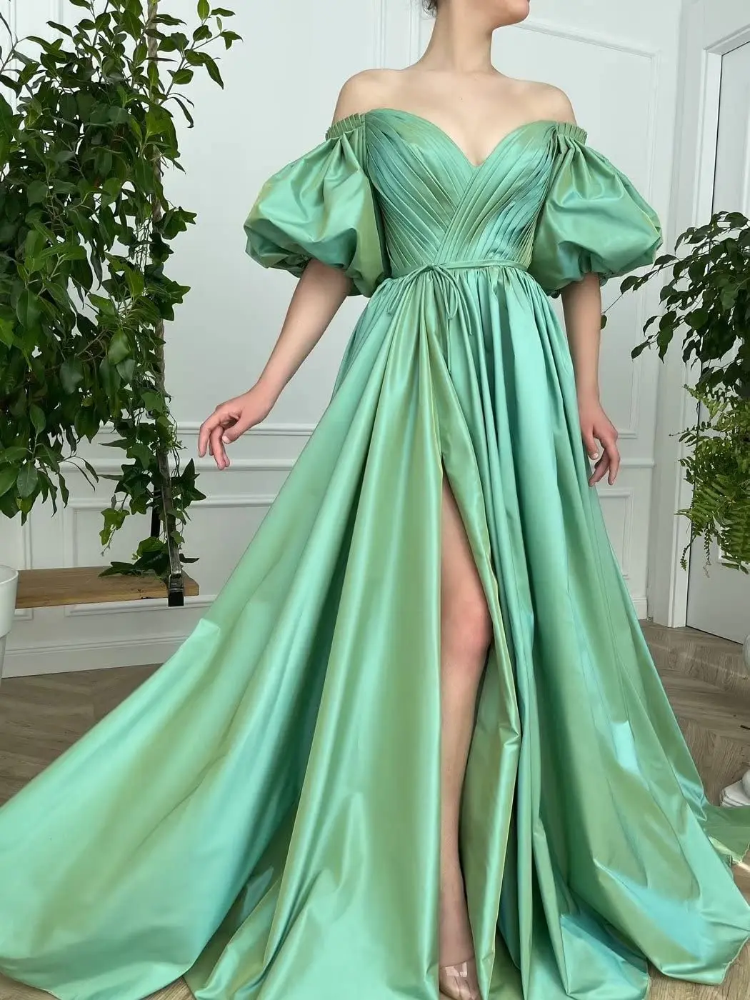 

Normicel Puffy Sleeve Prom Dress Sweetheart Satin Ball Gown A Line Princess Wedding Formal Evening Gowns with Split
