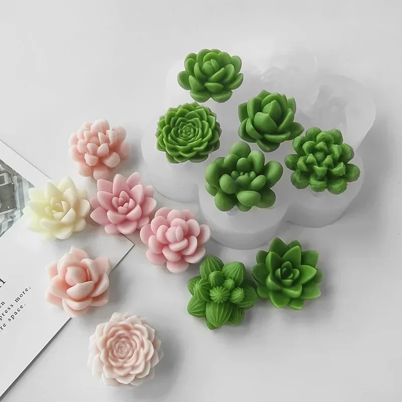 7pcs Succulent Flowers Candle 3D Cactus Lotus Rose Soap Plaster Crafts Chocolate Fudge Pastry Cake Silicone Mold