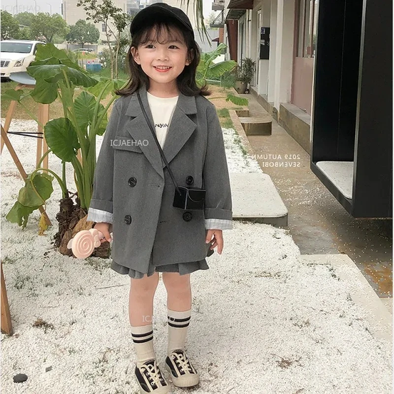 Costume pour bébés filles et garçons, hauts pour enfants, manteaux, veste, gris britannique, vêtements pour enfants, mode, ensembles de costumes à Double boutonnage, printemps automne