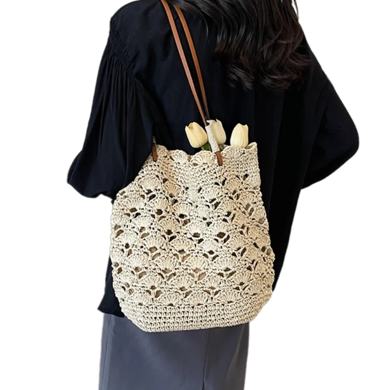 Casual Straw Shoulder Bag Large Capacity Handbag Practical and Elegant Underarm Bags for Travel Vacation E74B