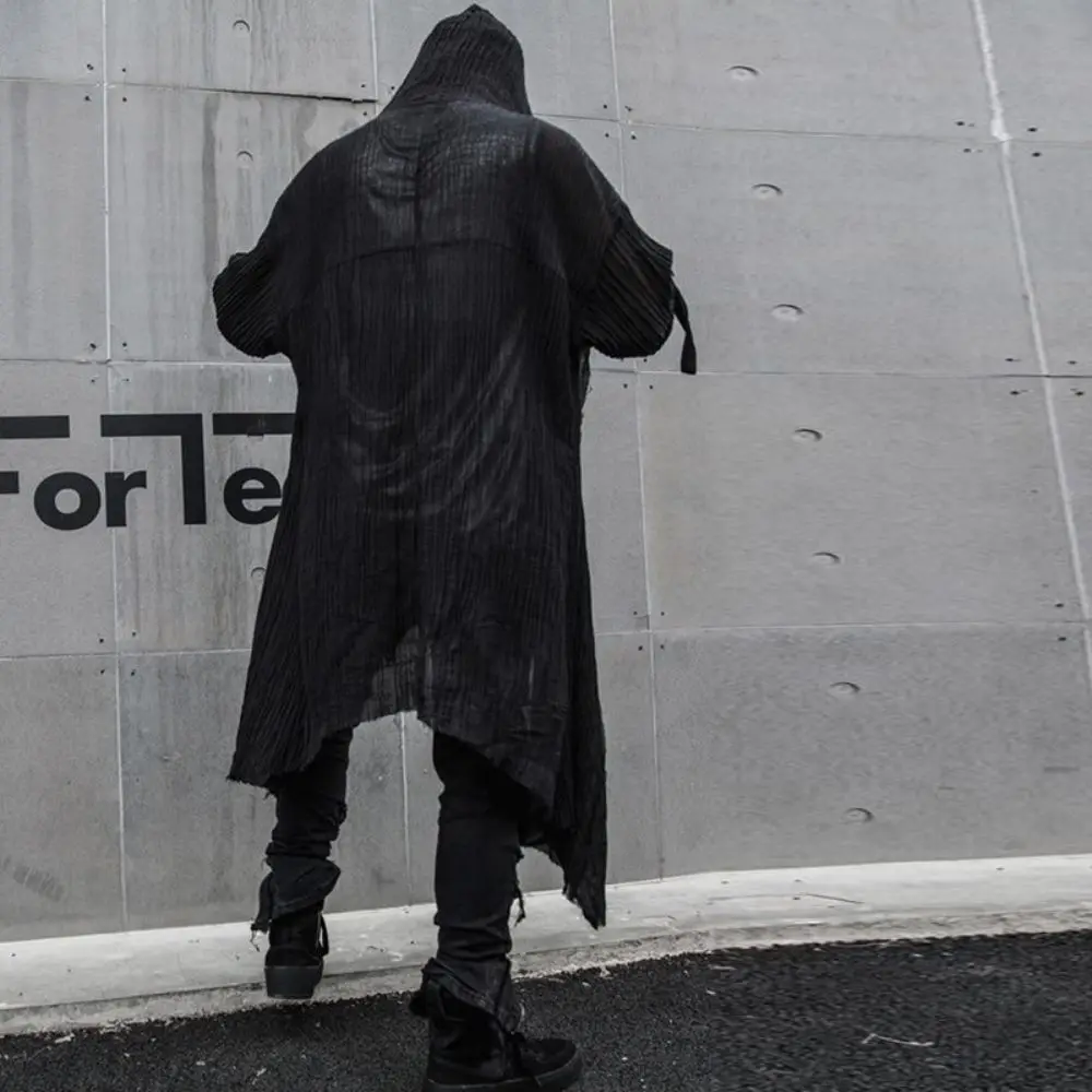 나이트 클럽 DJ 가수 펑크 록 힙합 롱 셔츠, 검정색 후드 망토 가디건, 남성 플리티드 우븐 코튼 블라우스, 고딕 빈티지