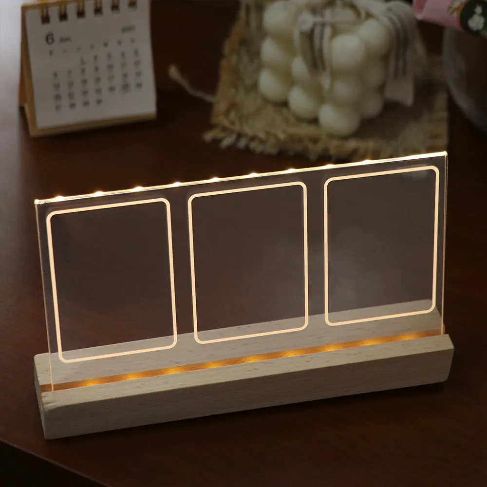3 in 1 LED Light Photo Frame Clear Acrylic Wooden Base Instant Picture Frame Ornament 3 Inch Photo Tabletop Photo Display Rack