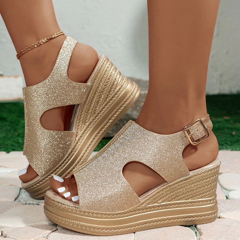 

Gold Glitter Wedge Heel Sandals Women Summer 2023 Gothic Chunky Platform Sandalias Mujer Cut Out Thick Bottom Roman Shoes Woman