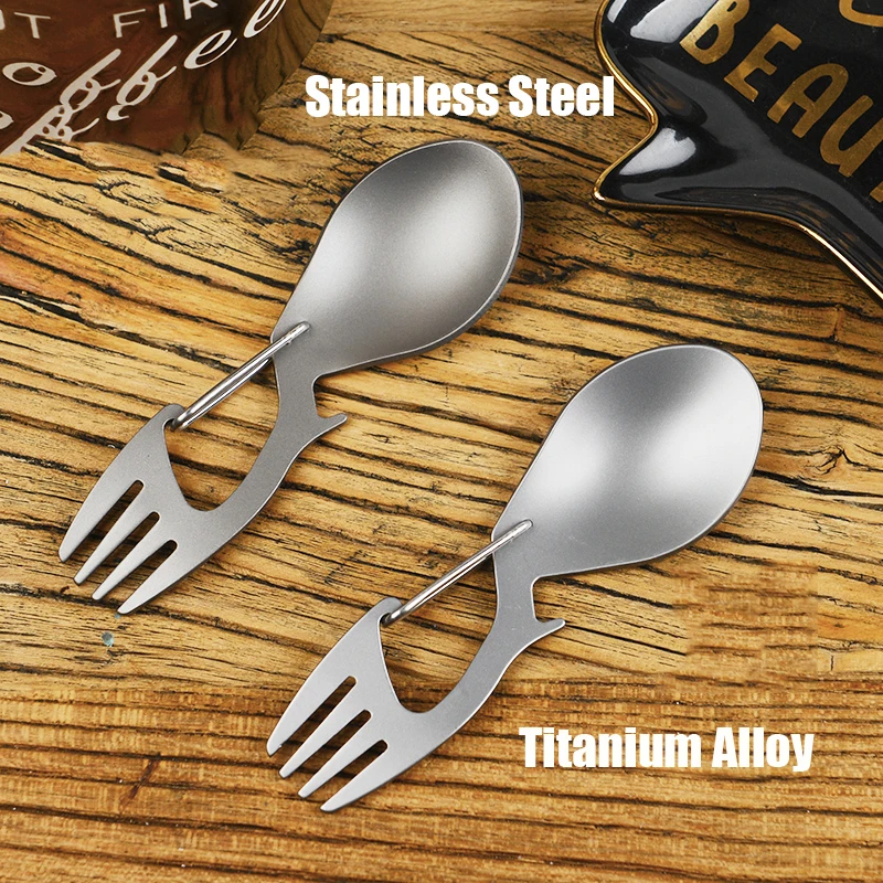 Multi-functional Titanium Alloy Fork Spoon Ultra-light Outdoor Camping Carabiner Bottle Opener Picnic Portable Tableware