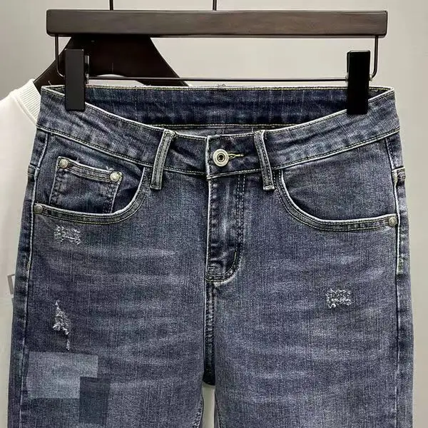 Fashion Men's Jeans Splicing Cat Whiskers Ripped Scratched Luxury Clothing Slim Fit Tapered Legs Designer Slim Jeans