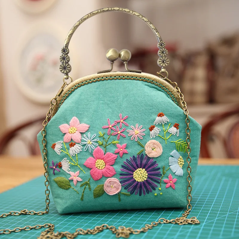 3D DIY Ribbon Embroidery Bag Set Needlework Kits Cross Stitch Chain Bag  with Hoop Handmade Swing Purse Wallet Creative Gift