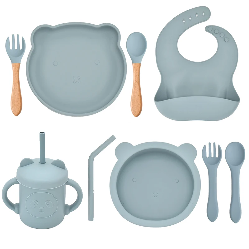 5/7/9 PCS Baby Feeding Tableware Set Baby Soft Silicone Bib Bib Sucker Bowl Plate Cup Spoon Fork Sets Non-slip Children's Dishes 3