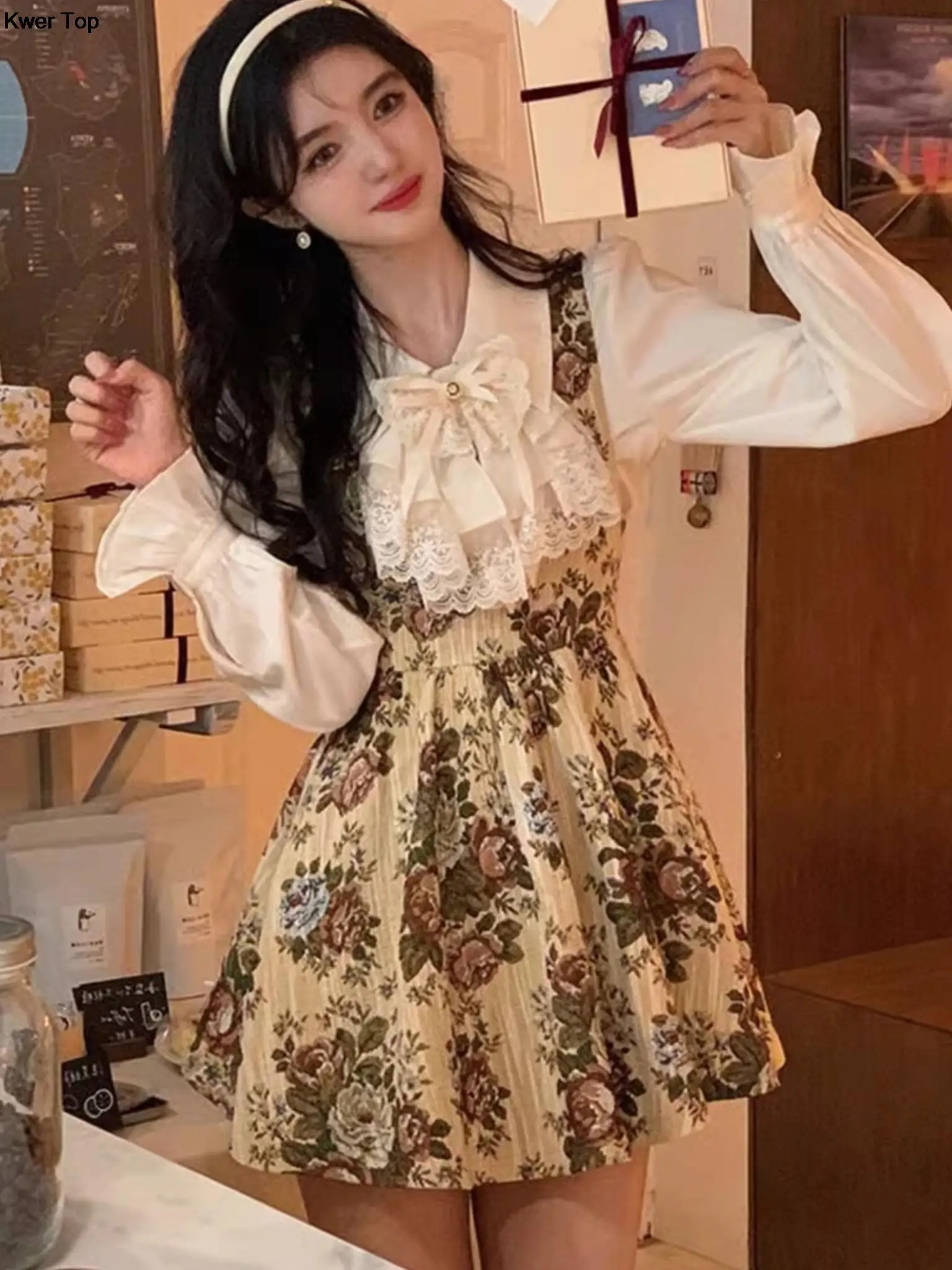 

Elegant Sweet Princess Dress Set Women's Lace Long Sleeve Shirt Vintage Floral Mini Dresses 2 Pieces Suit 2023 Autumn Clothes