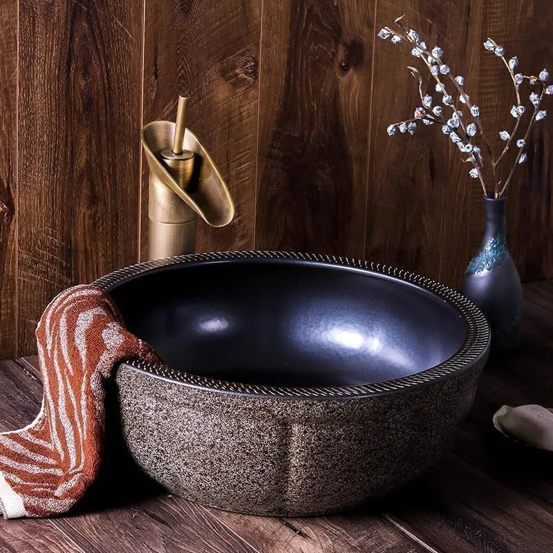 

wholesale hand made stone design black color glazed ceramic antique sink basin for home