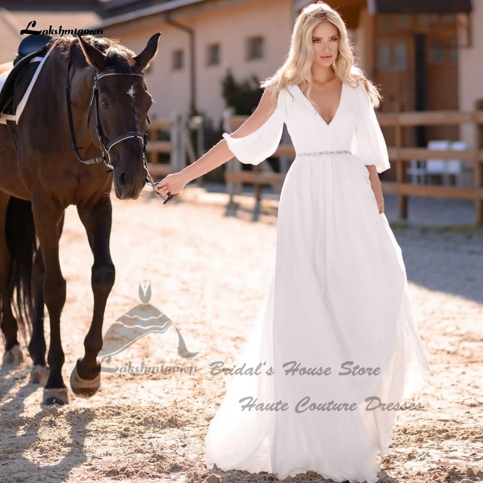 

Lakshmigown простое белое шифоновое длинное пляжное свадебное платье для женщин 2023 Vestido с рюшами ТРАПЕЦИЕВИДНОЕ свадебное платье