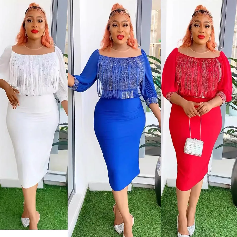 

Fashion African Party Dresses for Women Dashiki Ankara Wedding Bodycon Short Skirt Tassel New Dress Africa Clothing Plus Size