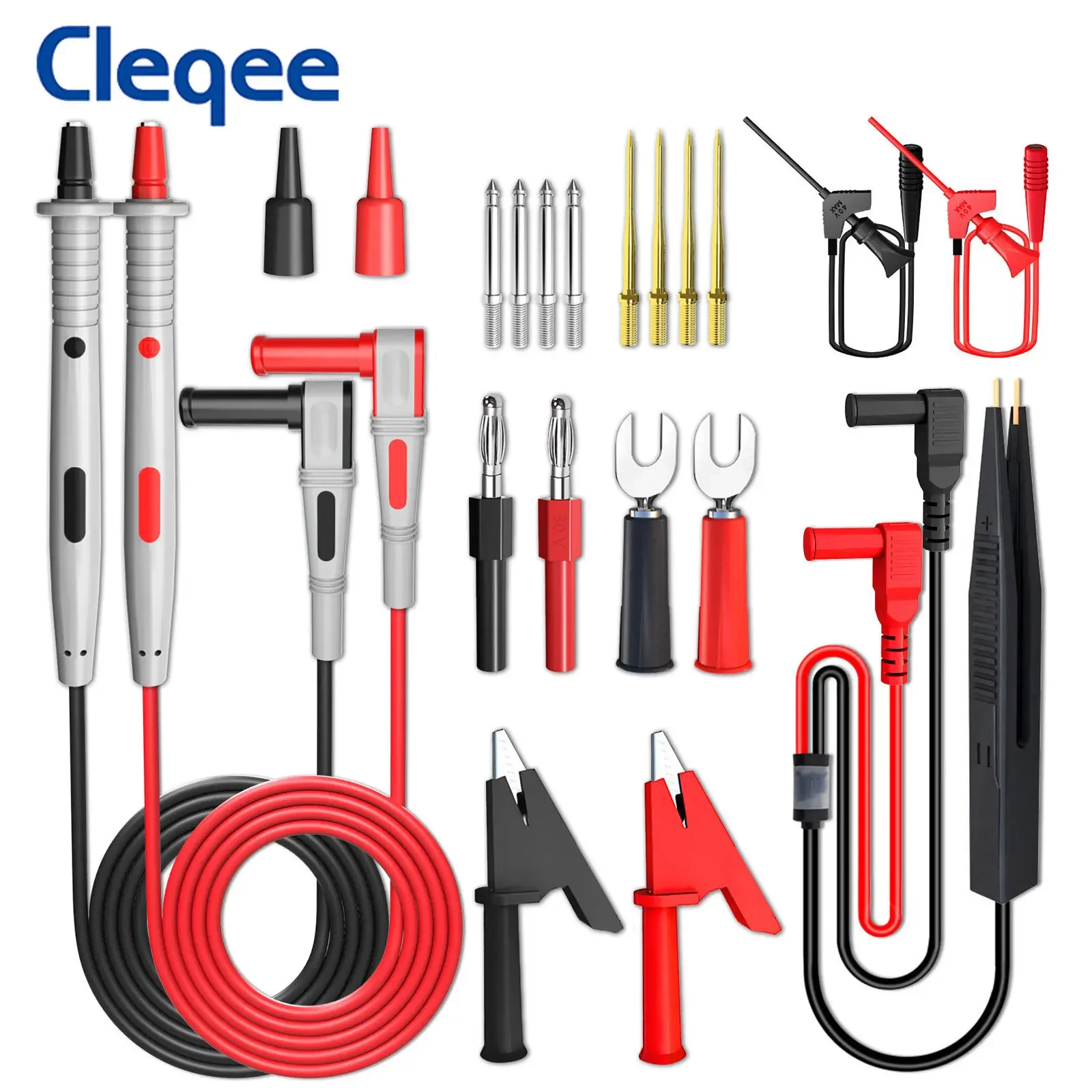 Cleqee P1503E 21pcs Multimeter Test Leads Kit with Tweezers Test Probes 4mm Banana Plug Replaceable Needles Alligator Clips