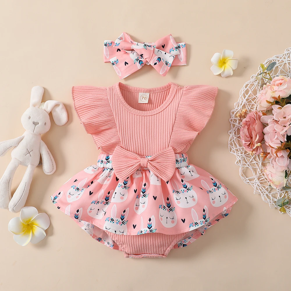 

Infant Baby Girls Clothes Knitted Romper Dress Short Sleeve Bow Flower Printing Jumpsuit Outfits Summer Newborn Fashion Costume
