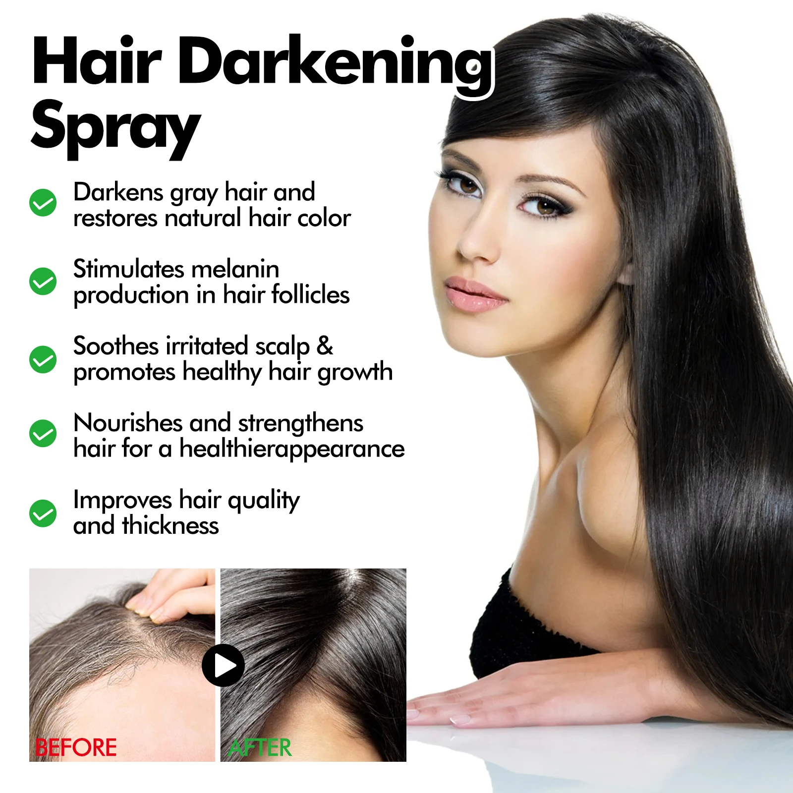 Black Hair Spray natural Gray Coverage Smooth Shiny moisturizing Thickens Hair easy Touch-ups No Sticky Residue long-lasting