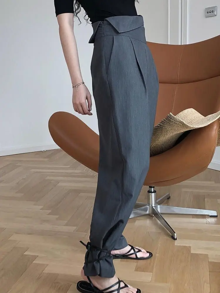 

High Waist Wide Leg Pants Women Spring Ladies Office Casual Trousers Zipper Pocket Female Gray Pants