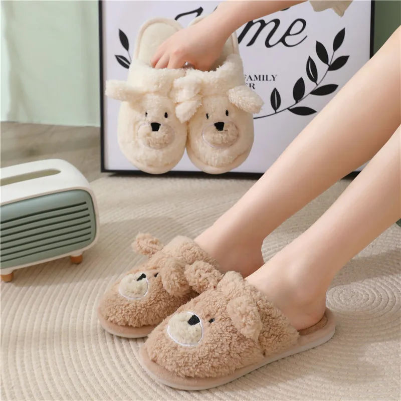 

New Cute Cartoon Dog Slippers Women Winter Warm Closed Toe Soft Furry Plush Slippers Fluffy Fur Flat Slides Kawaii Indoor Shoes
