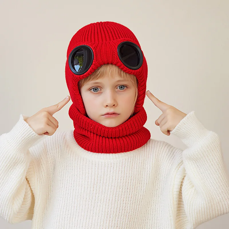 Skiing Children Winter Hat Scarf Set Knitted Kids Beanie 