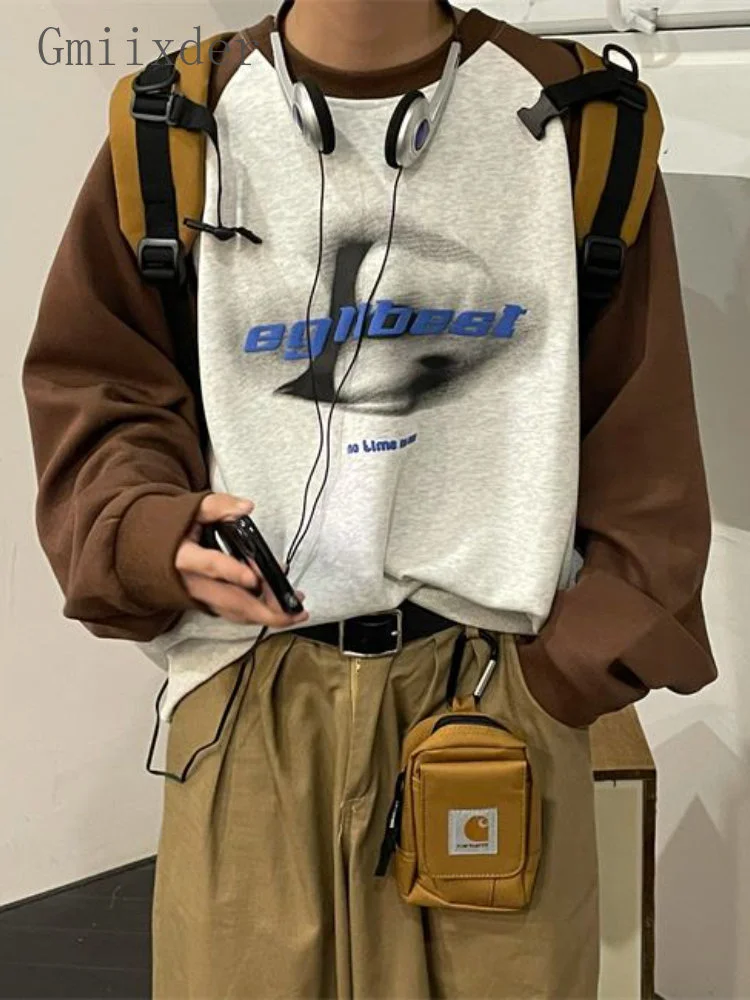 

Gmiixder American Street Letter Shirt Loose Vintage O-neck Sweatshirt Unisex Spring Autumn Splicing Long Raglan Sleeve T-shirt