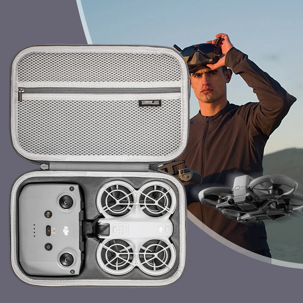 Sac de transport pour drone DJI Neo, poignée de transport visible, gris clair, protection anti-poussière et choc