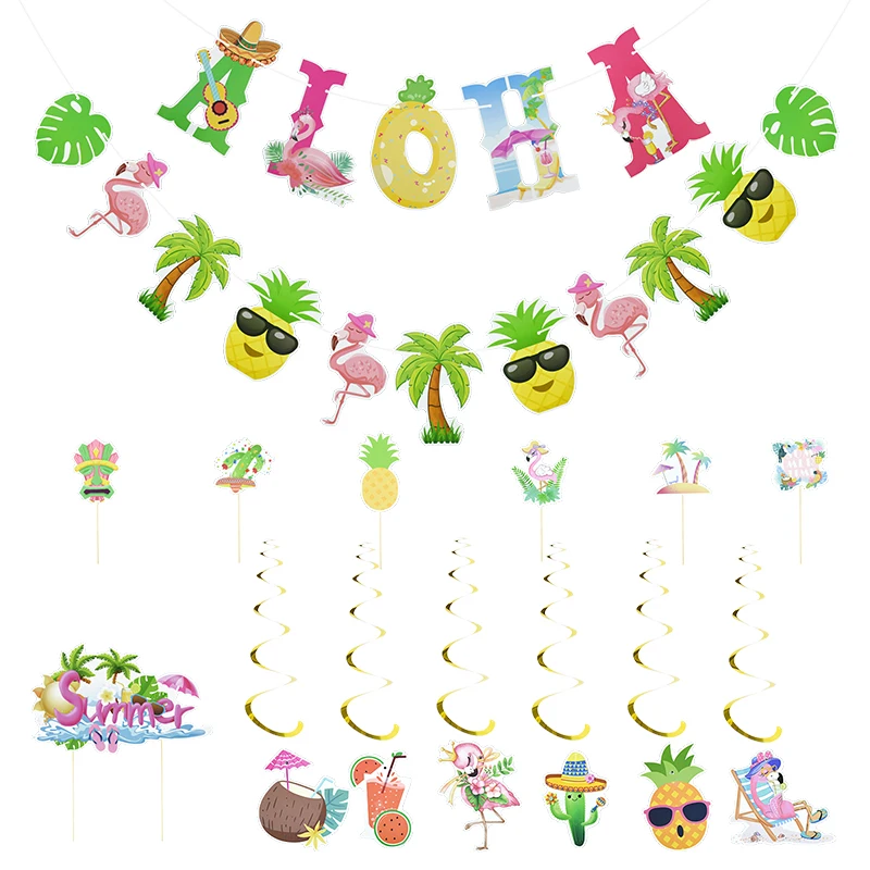 

Hawaiian Party Decorations Flamingo Garlands Banner Cake Topper For ALOHA Luau Party Tropical Summer Beach Birthday Supplies