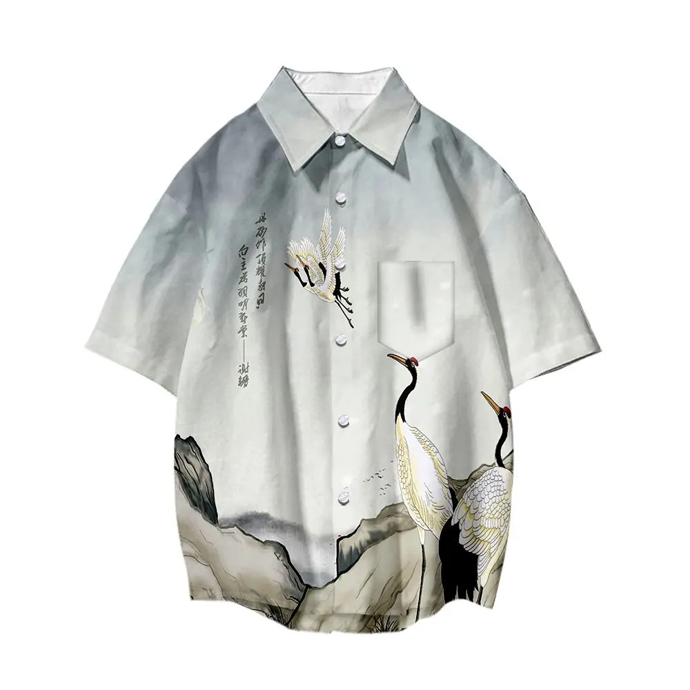 

2022 New Summer Men's Clothes Ancient Crane Print Basic Short Sleeve Beach Hawaii Street Fashion Shirts Chic Chinese Style Tops
