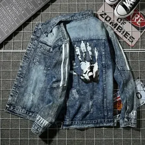 thumbnail image 1 of Chaqueta vaquera para hombre, estilo punk, con rayas, color amarillo, para otoño, talla L, de alta calidad, de diseñador y precio más bajo, informal, de tela Y2k, 1 of 5