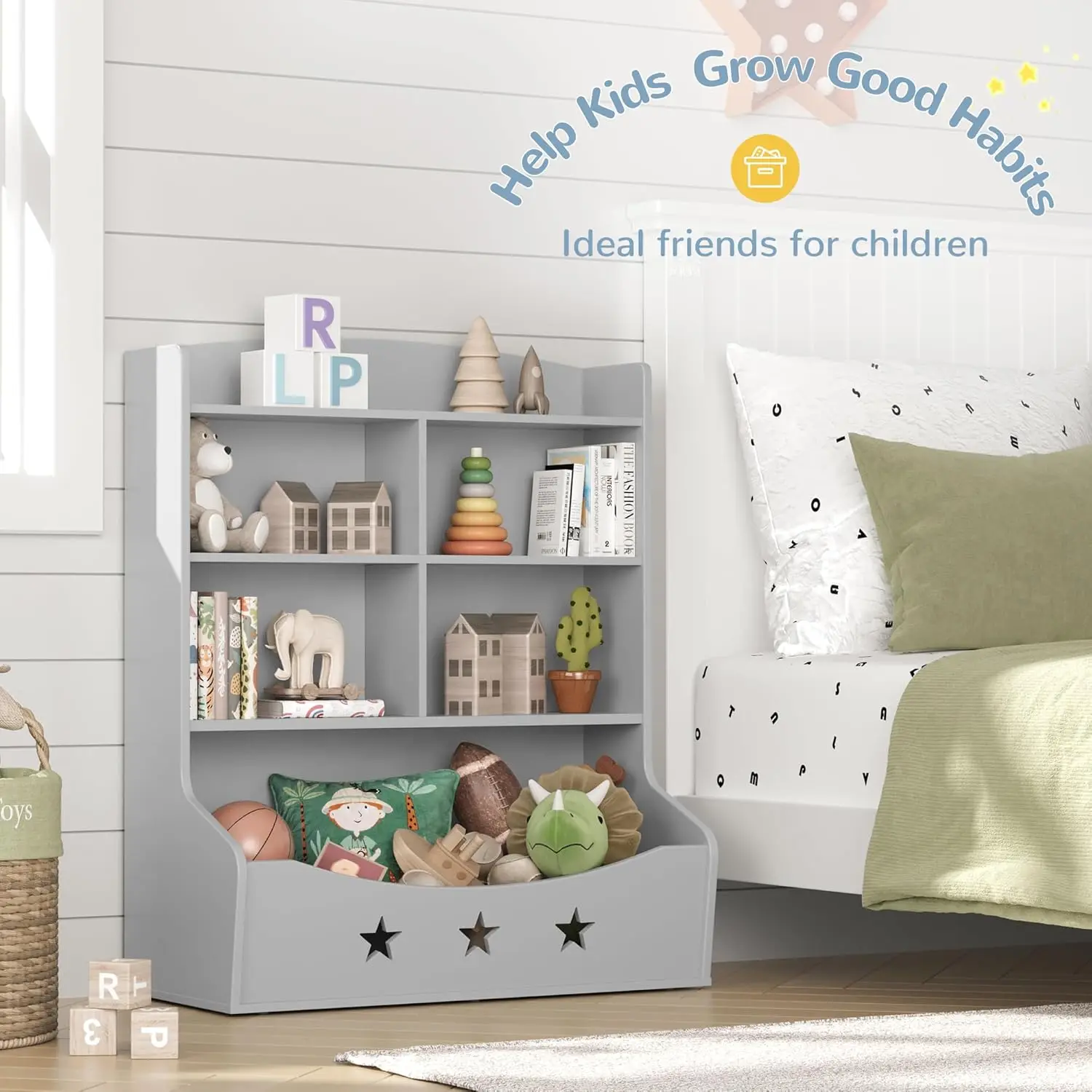 Kids Bookshelf, Three-and-a-Half Tier Wooden Bookcase, Bookshelf for Playing Room, Nursery, Bedroom, Toy Storage Cabinet