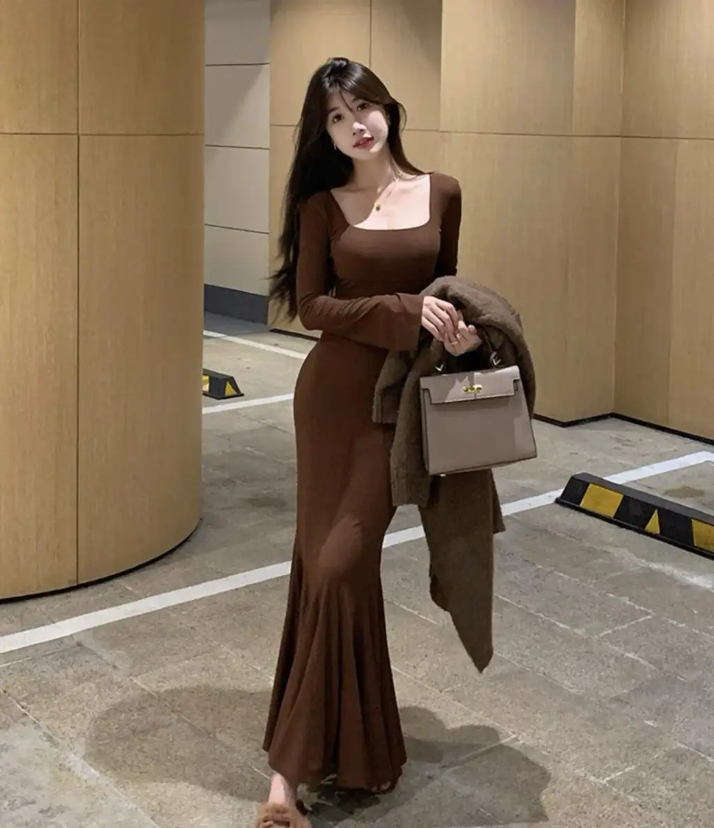 Vestidos largos de moda de otoño para mujer, mangas largas, cuello cuadrado, estilo coreano, corte entallado, sirena, elegantes, básicos, lisos, nuevos