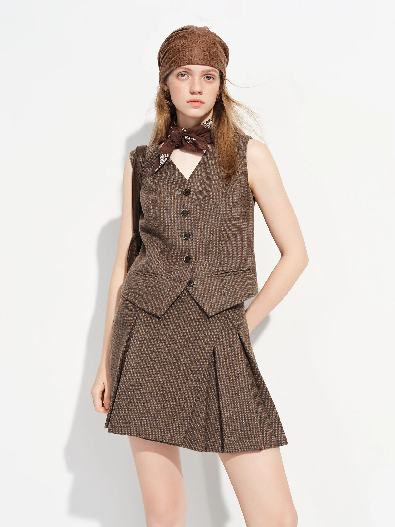 FSLE【Premium Series】New Women's Brown Wool Checkered Suit Set Blazer Vest Skirt Three Piece Coord Vintage Office Chic Suiting Sad0bae8a345f466a95b0d65b3cd611421