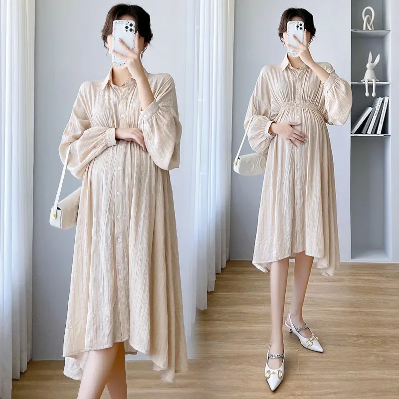 

Maternity Spring Autumn 2023 Nursing Dresses Clothes For Pregnant Women French Loose Oversize Single Breasted Pregnancy Vestidos