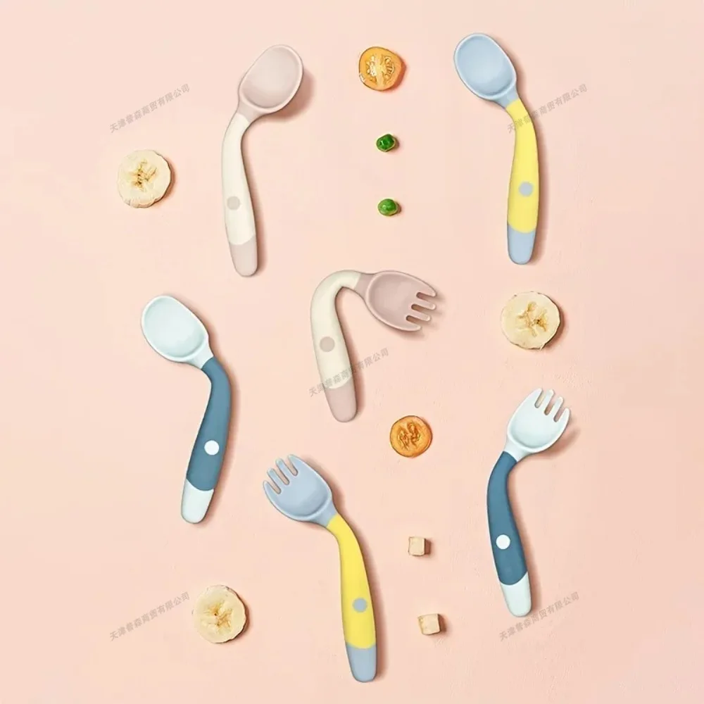 Baby Fork and Spoon Set Soft Silicone Handle Bendable Toddler Utensils Training Tableware Self Feeding Tools for Infants Kids