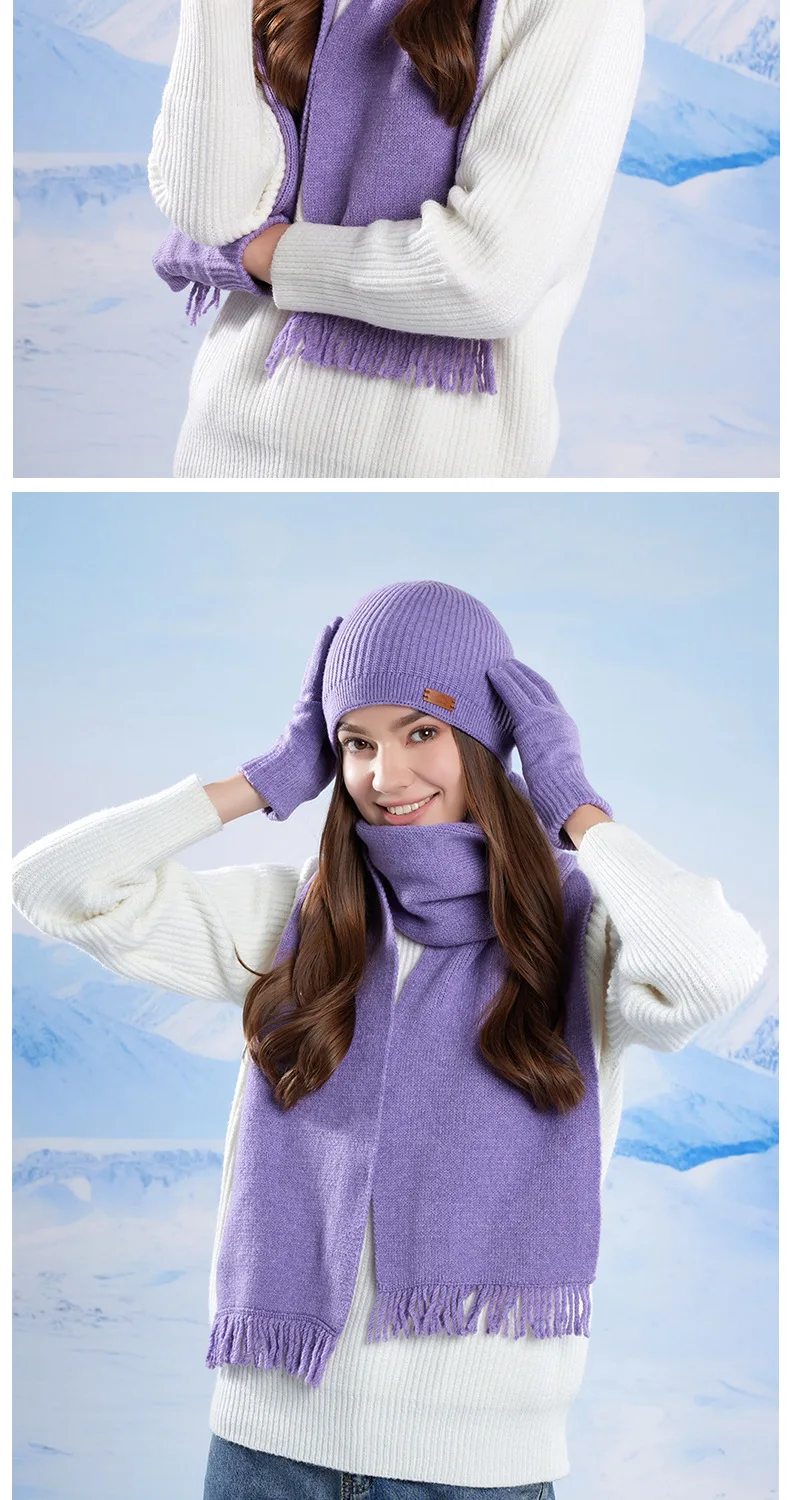3 Pcs Sets Winter Women Plush Knitted Cold Hat Warm Woolen Head Cap Scarf Gloves Hats Outdoor Ear Windproof Beanies Cap