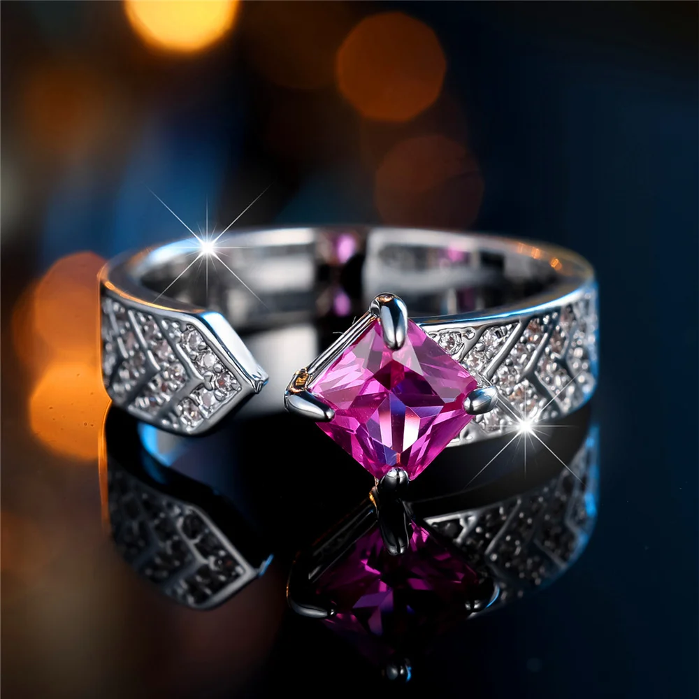 Charm Female Rose Red Square Stone Adjustable Open Ring Silver Color Cute Gift Wedding Jewelry For Women