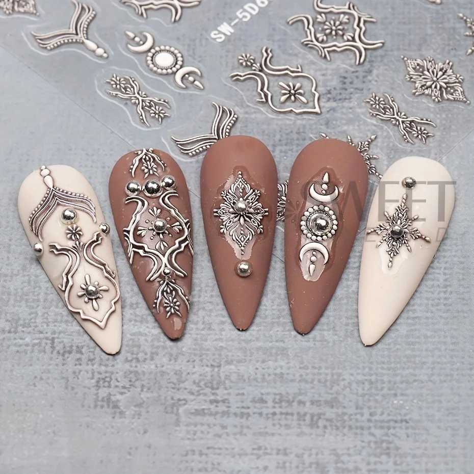 5D Fashion Totem Embossed Nail Stickers Black White Filigree Retro Self Adhesive Decals Lace Flowers Relief Manicure Folis Decor