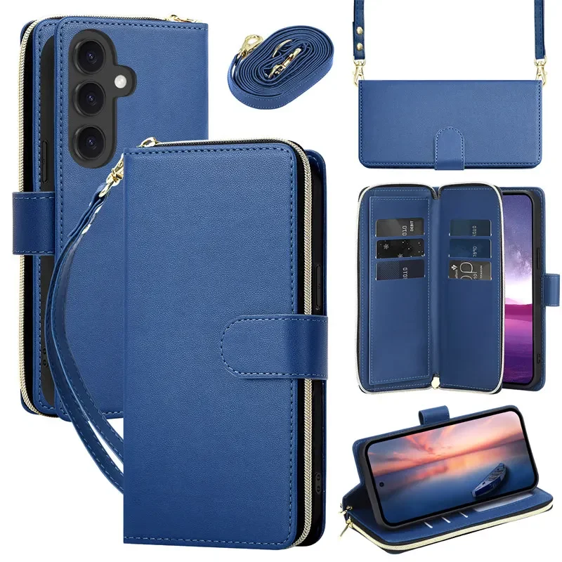 Leather Flip Phone Case with Long Lanyard and Zipper Wallet